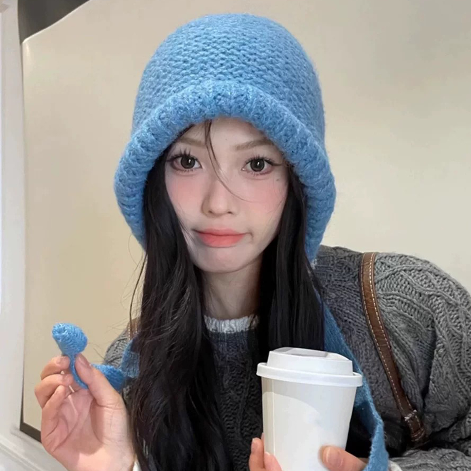 HEVIRGO 7PCS Ladies Hat Auutmn Winter Beanie Warm Japanese Knit Hat Pile Cap Windproof Thick Ear Tie Pullover Gorro Bonnet Black
