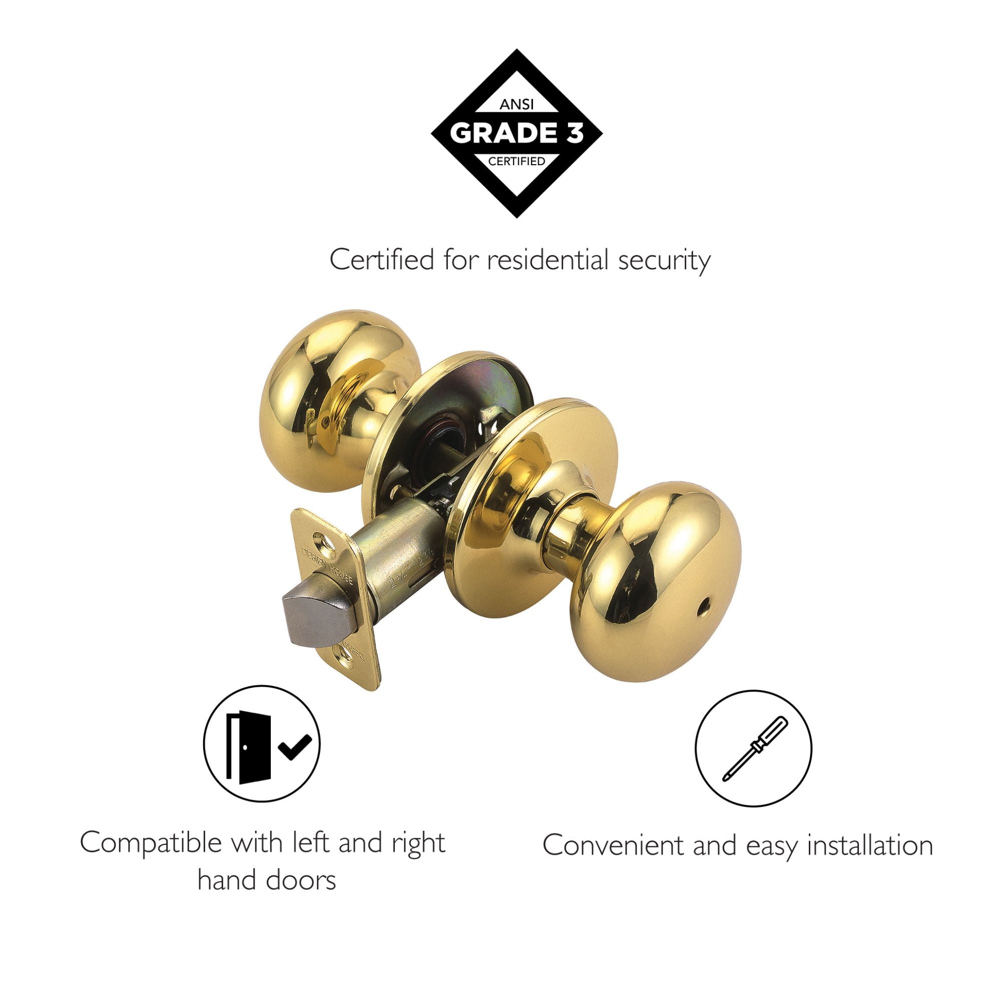 Design House Cambridge Privacy Single Bed and Bath Door Knob, Polished Brass