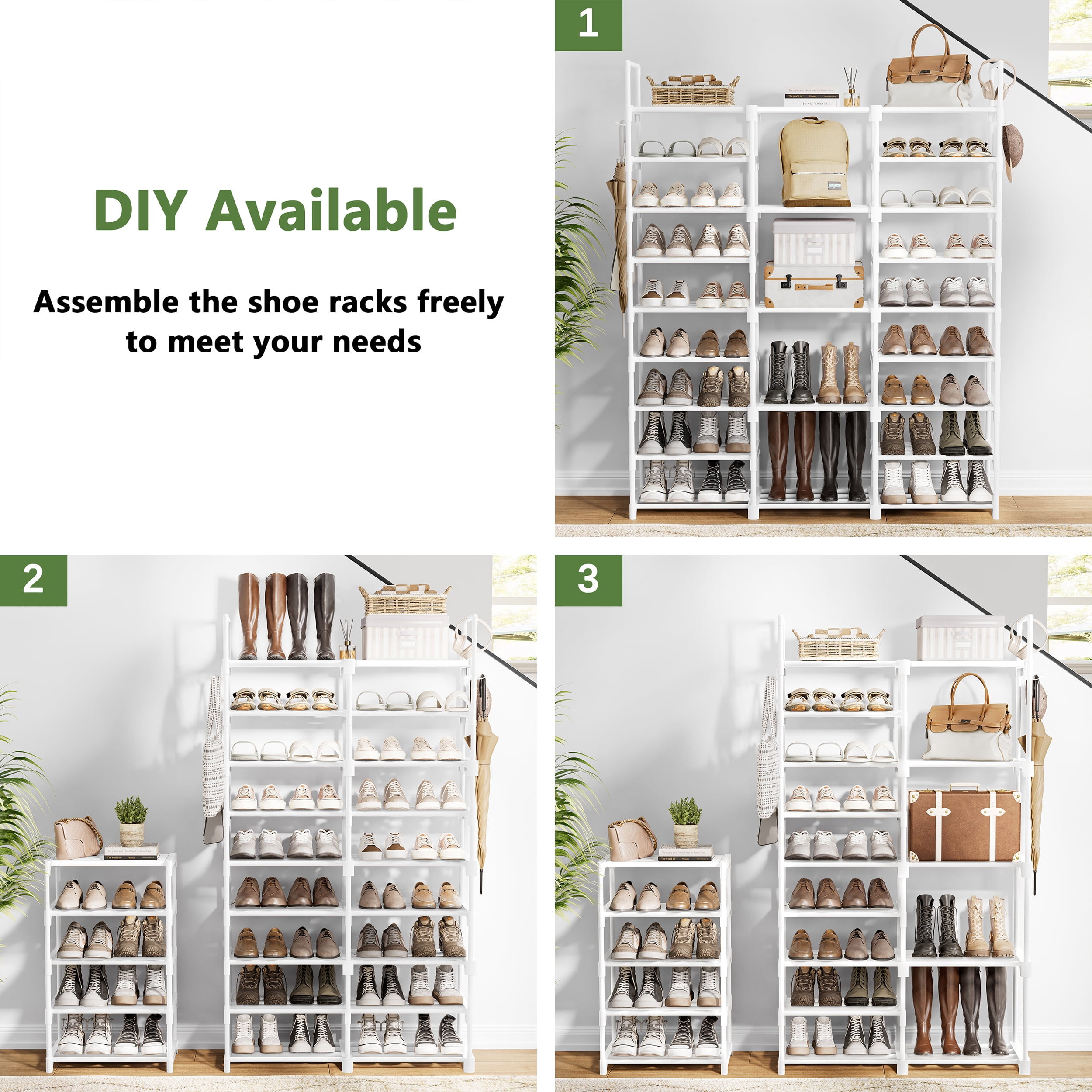 BGTREND 9 Tiers Large Shoe Rack 3 Columns Metal Shoe Storage Organizer 50-55 Pairs Joinable Shoe Tower for Closet Entryway (62 inches, White)