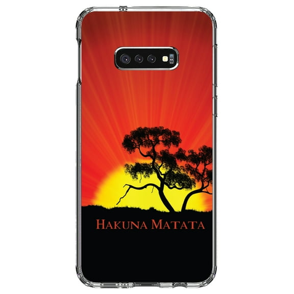 DistinctInk Clear Shockproof Hybrid Case for Samsung Galaxy S10e (5.8" Screen) - TPU Bumper, Acrylic Back, Tempered Glass Screen Protector - Hakuna Matata
