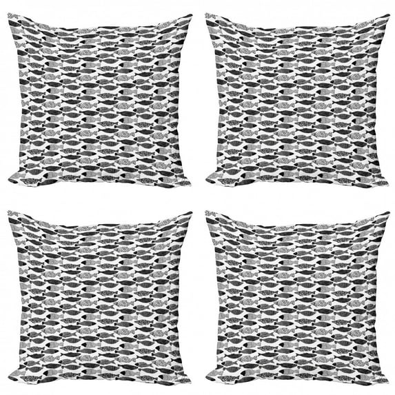 Fish Throw Pillow Cushion Case Pack of 4, Zentangle Style Ornamental Abstract Aquatic Animal Repetition in Monochrome, Modern Accent Double-Sided Print, 4 Sizes, Charcoal Grey White, by Ambesonne