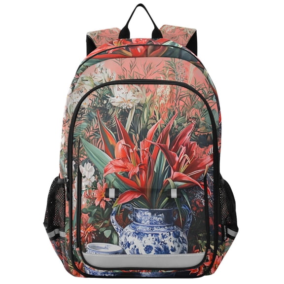 FORMRS Unisex School Backpack 17" Student Travel Bag with Laptop Compartment, Red Vibrant Flowers