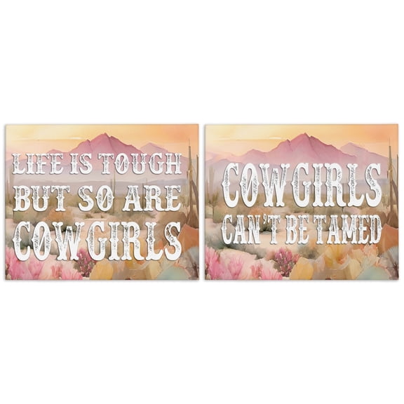 Stupell Industries Tough Cowgirls Phrases Landscape & Nature Painting Wrapped Canvas Art Print Wall Art, 20 x 16, Set of 2