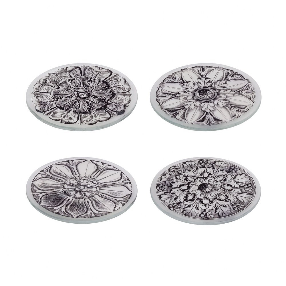Floral Pattern 4 Set Round Glass Coasters Made Of Glass/Paper In Black