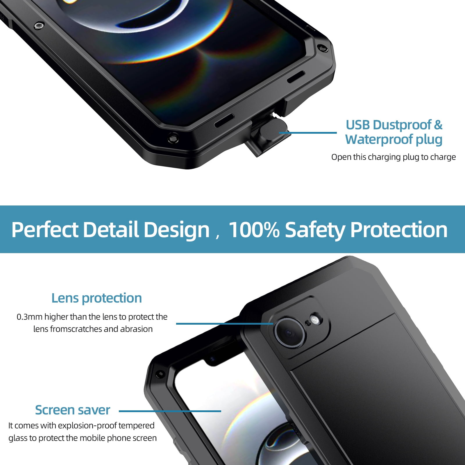 for iPhone 16e Case, 360 Full Body Protective Cover Heavy Duty Shockproof Armor Aluminum Alloy Metal Case with Silicone Built-in Screen Protector for iPhone 16e, Black