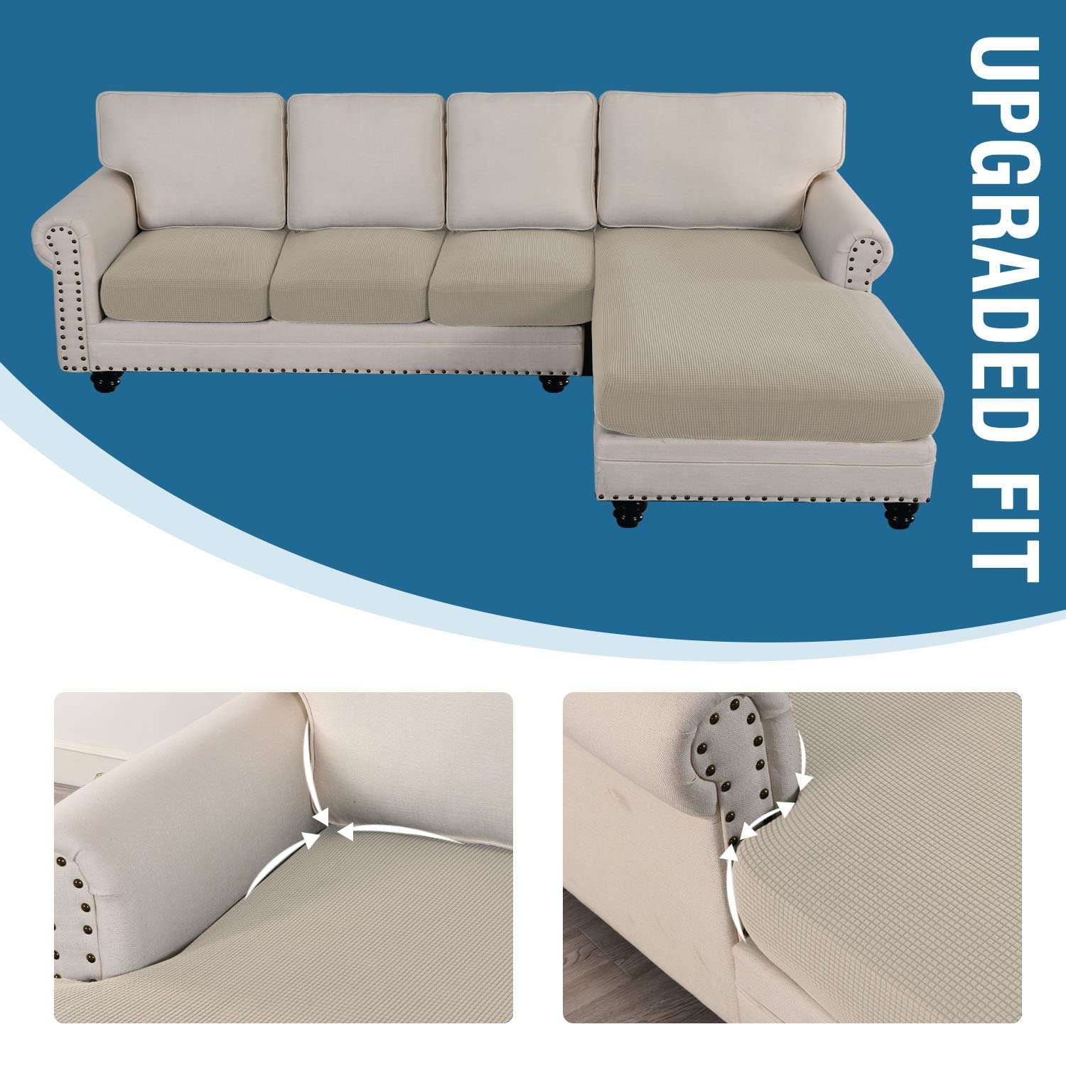 Turquoize 4-Piece Separate Slipcovers Textured Grid Polyester Blend Sectional Couch Sofa Covers for Left/Right L Shape Chaise Lounge Sofa,Island Fossi 3 Seater + 1 Chaise