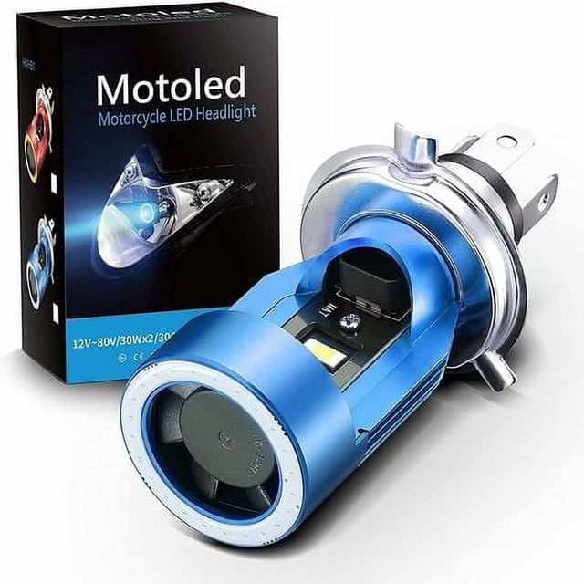 Bombilla LED H4 con ojos de ángel, HS1 6400LM DC 12V Faro para motocicleta, azul, paquete de 1