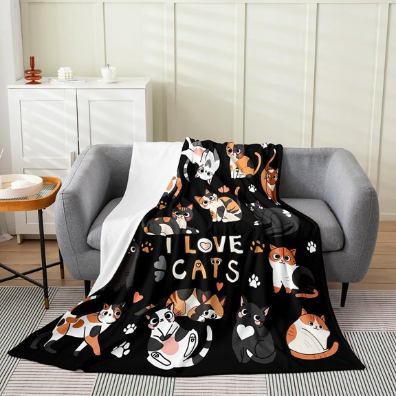 Cute Cat Throw Blanket for Bed and Couch Fluffy Fleece Blanket with Cartoon Kittens Black Soft Warm Bed Blanket