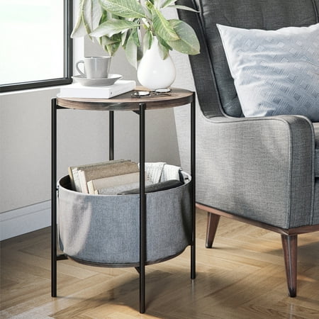 - Ora Wood Side Table with Storage, 24 Inch Nutmeg Top, Graphite Basket, Matte Black Metal Finish