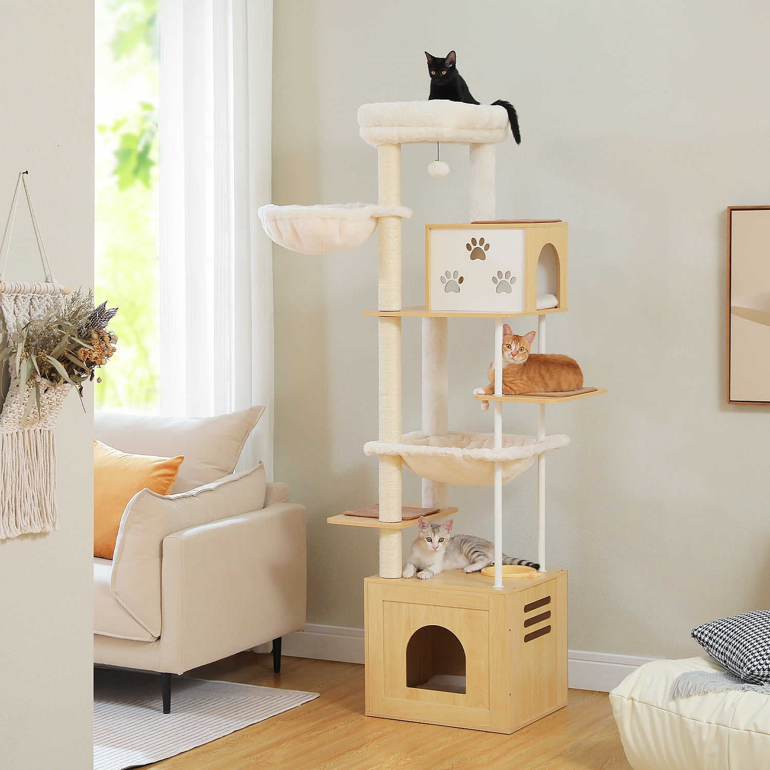 PEQULTI 75" Multi-Level Cat Tree Wooden Scratcher with Hammock for Large Cats Indoor Beige