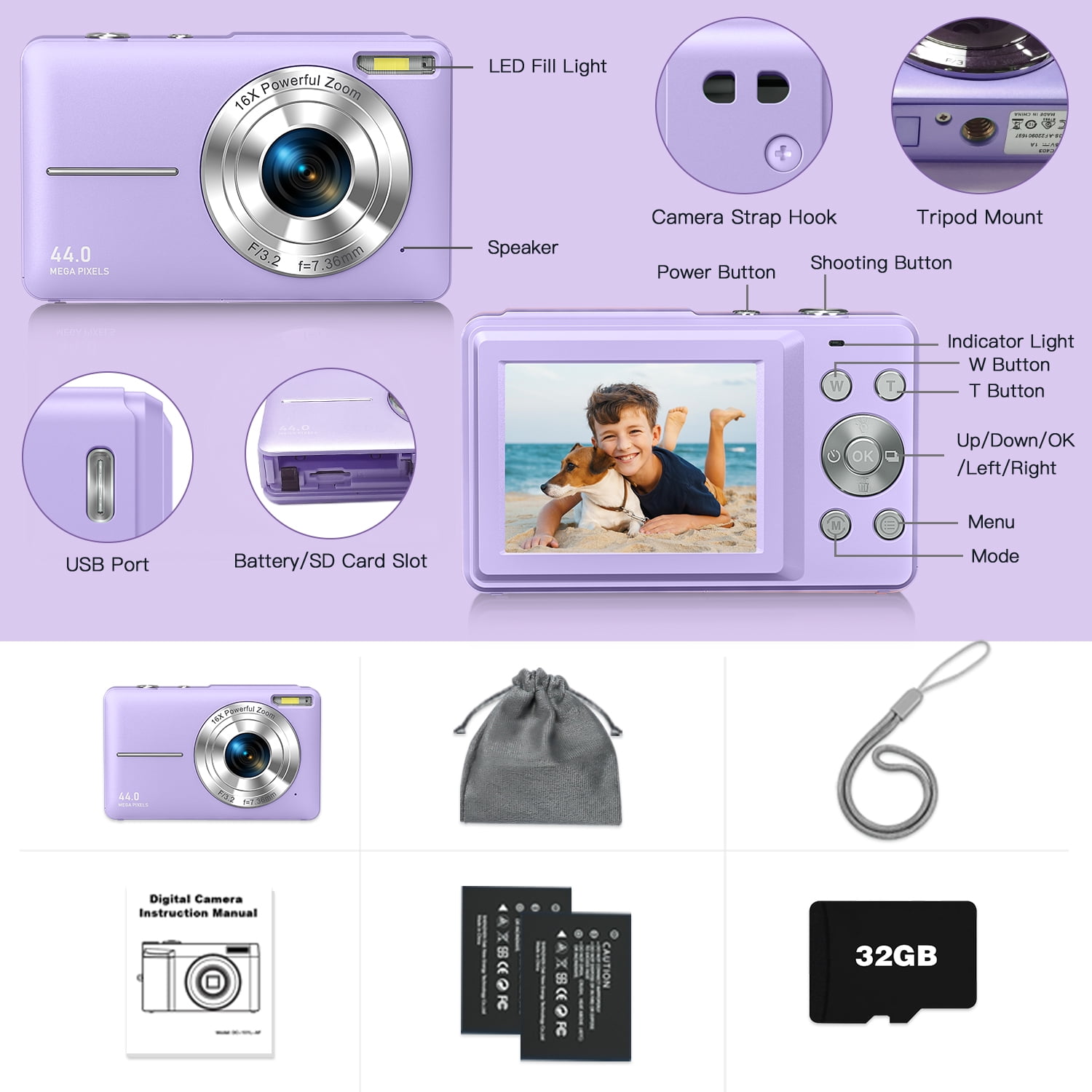 Digital Camera, FHD 1080P, Digital Point and Shoot, 44MP for Vlogging with Anti Shake 16X Zoom, Compact, Small for Children Teens Students Seniors