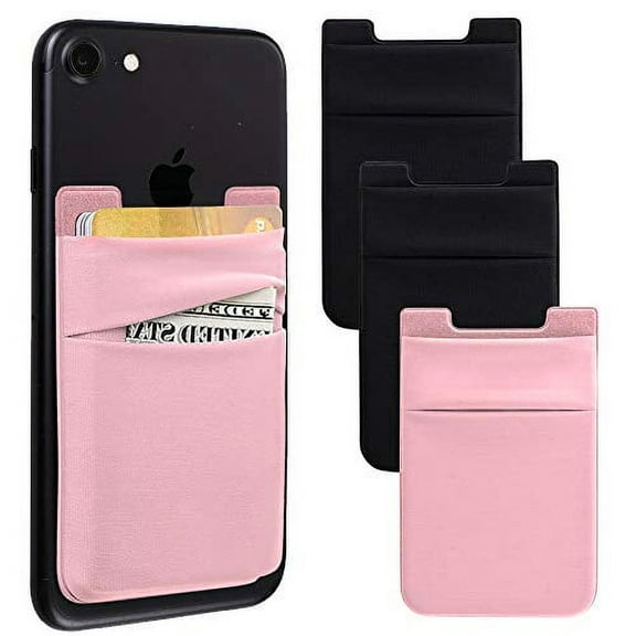 Phone Card Holder for Back of Phone, Stretchy Lycra Wallet Stick On Pocket Credit Card ID Case Pouch Sleeve 3M Adhesive Sticker Compatible with iPhone Samsung Galaxy and More 3Pack - Pink/Black