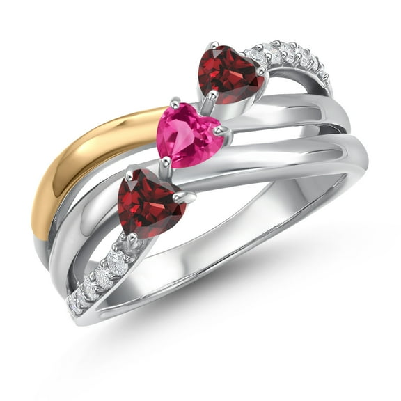 Gem Stone King 925 Silver and 10K Yellow Gold Red Garnet and Pink Created Sapphire and Lab Grown Diamond Engagement Ring for Women | 1.25 Cttw | Heart Shape Gemstone January Birthstone | Size 9