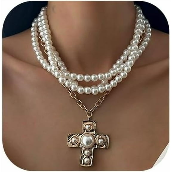 Chunky Gold Cross elegant sophisticated Necklace for Women Pearl Cross Pendant Necklace Beaded Chain Choker Punk Jewelry[i374]