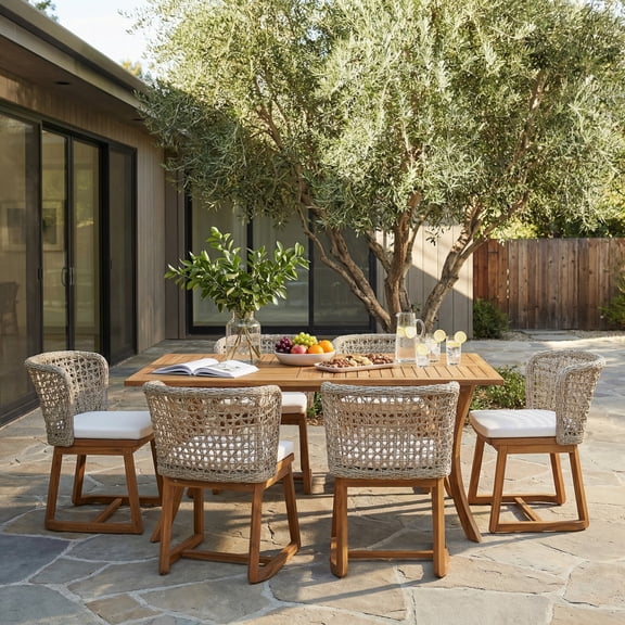 Christopher Knight Home 7-Piece Outdoor Dining Set, 59" Teak Wood Table with Wicker Chairs and Beige Cushions