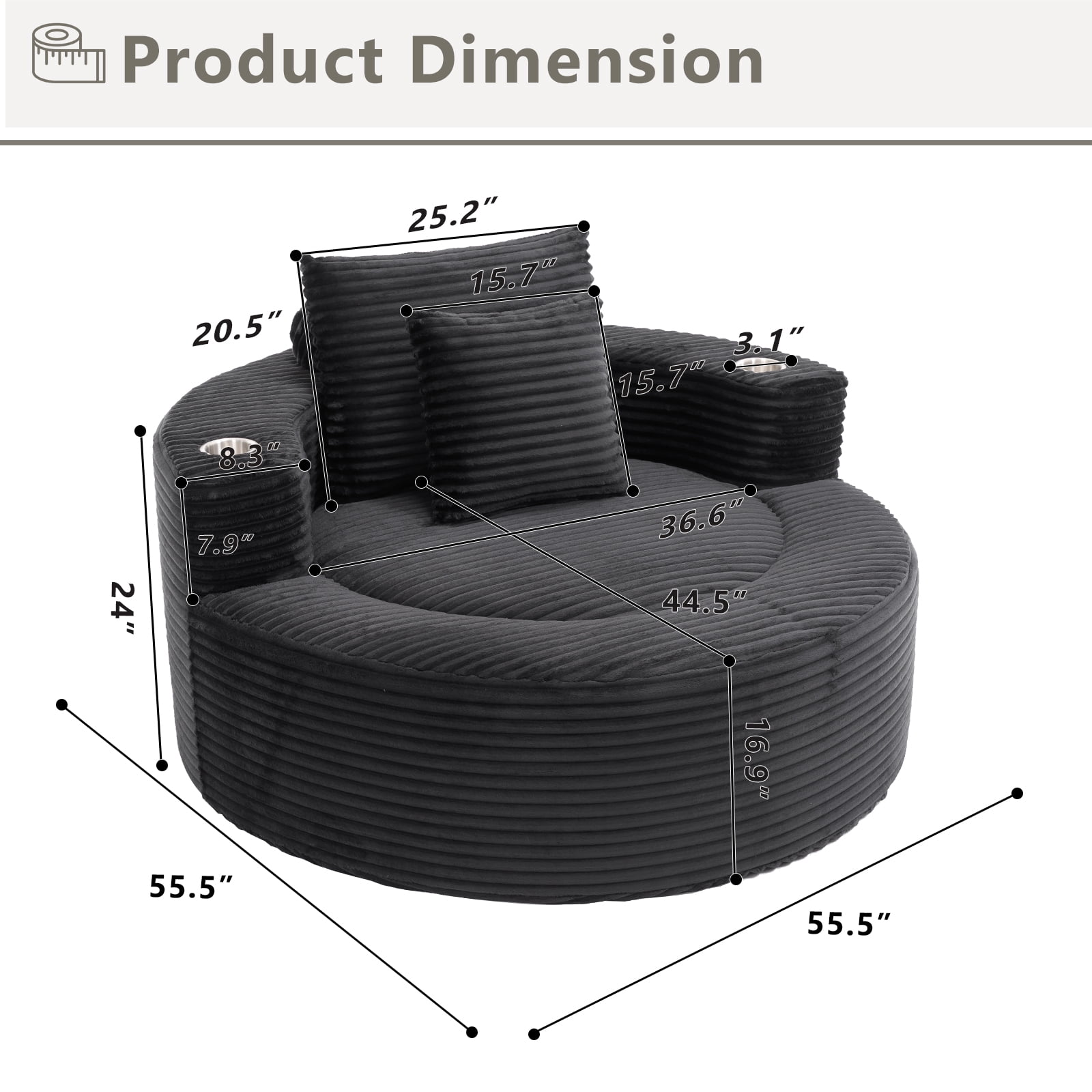 Miniyam 55.5" W Round Oversized Chaise Lounge Indoor with Cup Holders for Living Room, Cloud Couch with 3 Pillows, Black