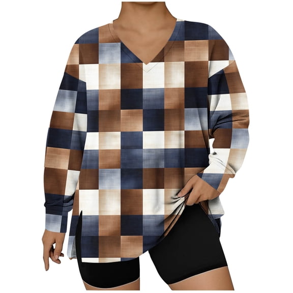 Dasayo V-Neck Womens Tops Plus Size Brown Long Sleeve Blouses Dressy Plaid Side Split Tops Sweatshirts for Women L