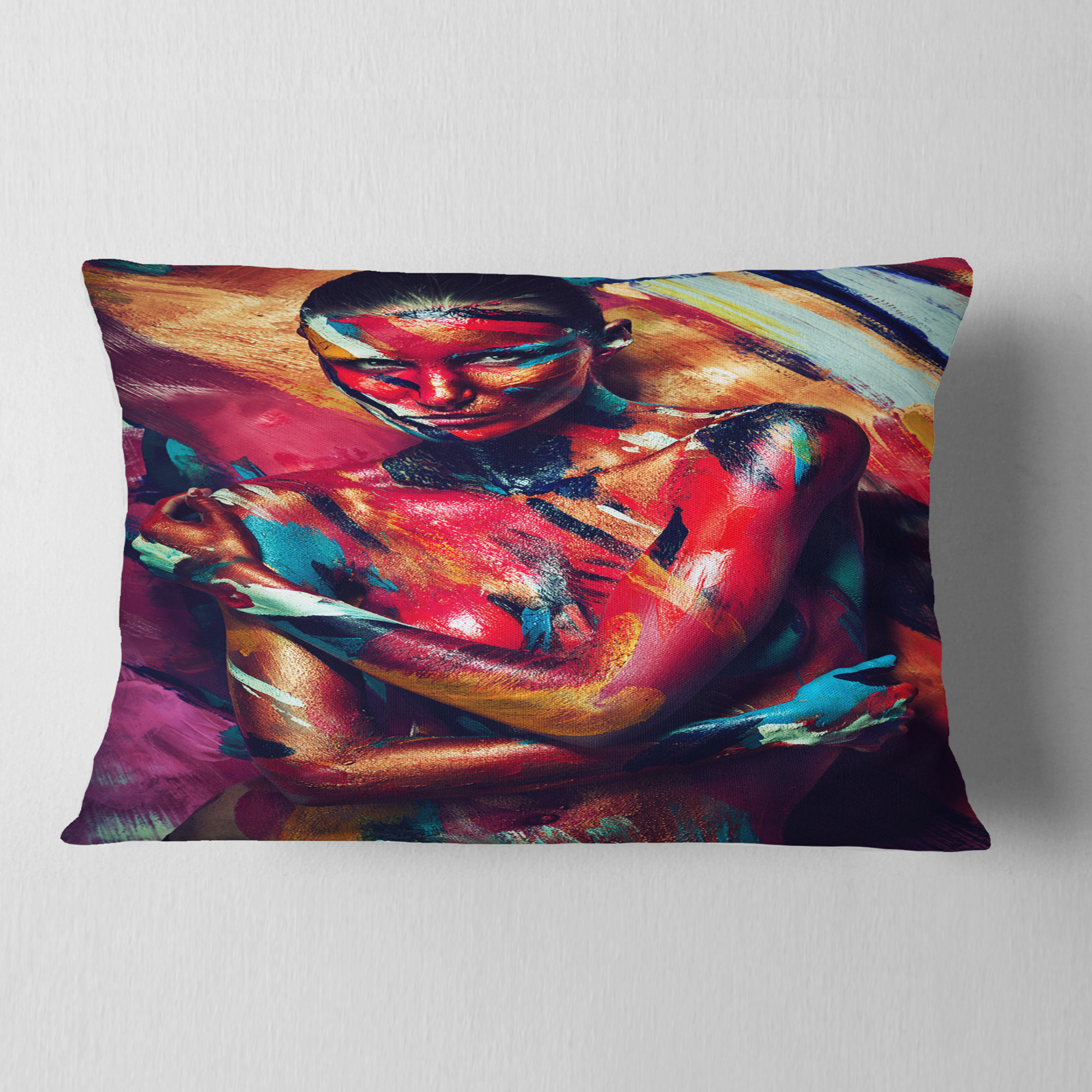 Designart Girl in Paint - Portrait Contemporary Throw Pillow - 12x20
