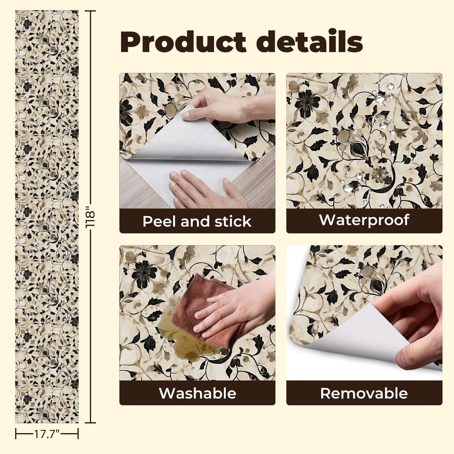 Peel and Stick Wallpaper Elegant Black White Floral Beige Wall Mural 17.7in x 9.8ft Self Adhesive Removable Wall Paper Renter Friendly Wallpaper for Nursery Bedroom Cabinets