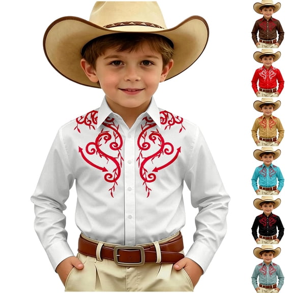 Tshirts for Kids Boys Long Sleeve Casual Western Print Button Up Shirt Top Girls Tops Army Green 4-5 Years