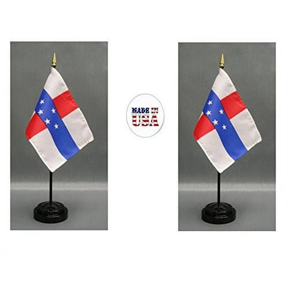 Made in The USA. 2 Netherlands Antilles 4"x6" Miniature Desk & Table Flags Includes 2 Flag Stands & 2 Dutch Antillean Small Mini Stick Flags