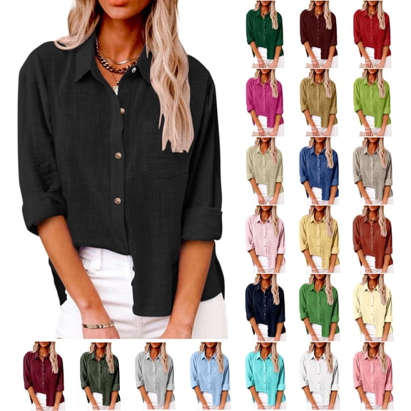 Summer Tops for Women Mgmyaa Women Shirts Plus Size Collared Long Sleeve Tops Loose Work Tunic Tops With Pocket Fashion Solid Color Fit Casual Tees, Shirts