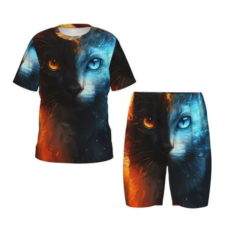 Luyuia Red And Blue Fire Cat Print Girls  2-Piece Tie-Dye Pajama Set  Cute Summer Loungewear with Shirt and Tank Shorts Nightwear-X-Large