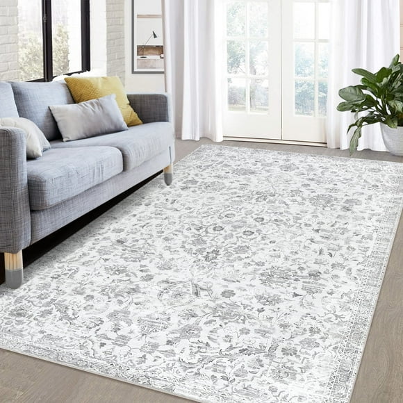 Garvee 8'x10' Vintage Floral Area Rug Traditional Distressed Rug Indoor Throw Carpet Rug Non-Slip Low Pile Carpet Floor Decor, Gray