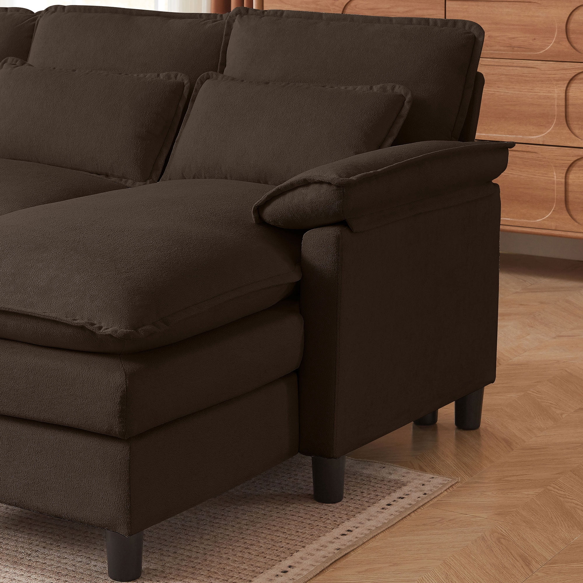 Soscana U Shaped Cloud Couch Sectional Sofa 4 Seat with Double Chaise, Modern Linen Sofa with Waist Pillows for Living Room Apartment Office Studio,Brown