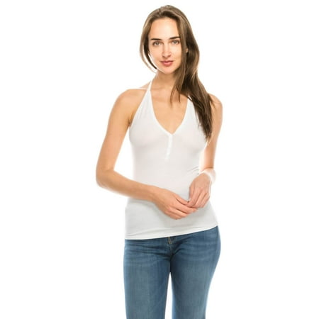 Salt Tree Women's Solid Halter V-Neck Back Tie Front Button Knit Top