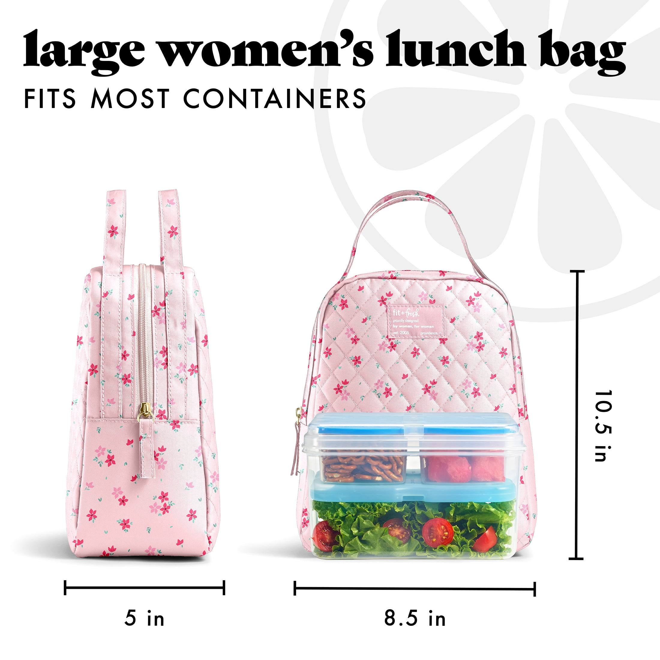 Fit & Fresh Evelyn Quilted Lunch Bag for Women, Large Lunch Tote, Reusable Insulated Lunch Bag for Work, Stylish Lunch Box, Pink Dainty Flowers, Designed to Help with Daily Commutes