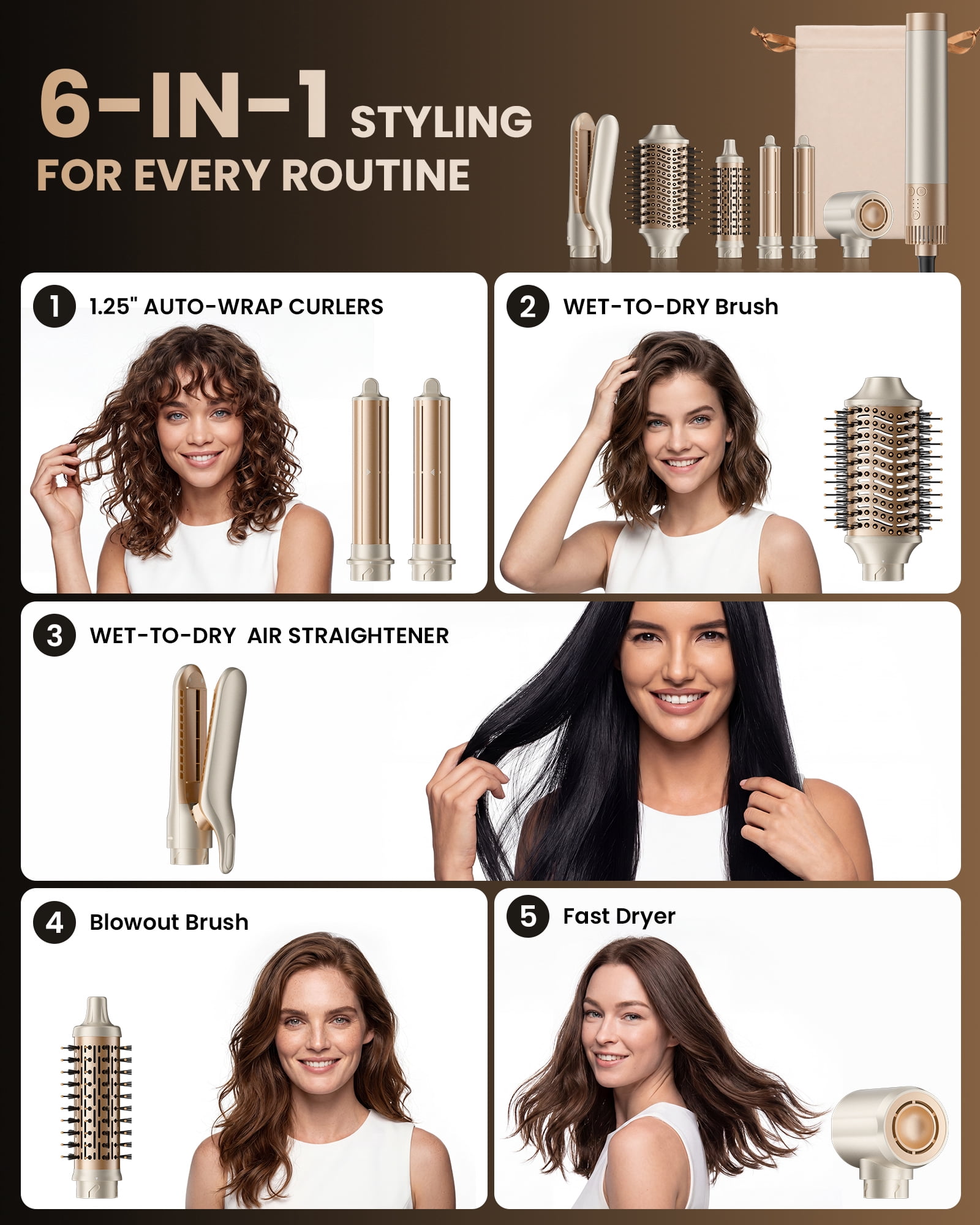6-in-1 Hot Air Styler, Hair Dryer & Multi-Hair Styler with Auto-Curler, Straightener, Volumizing Brushes, Frizz-Free Hair Tool for Curling, Straightening, Smoothing & Adding Volume, No Heat Damage