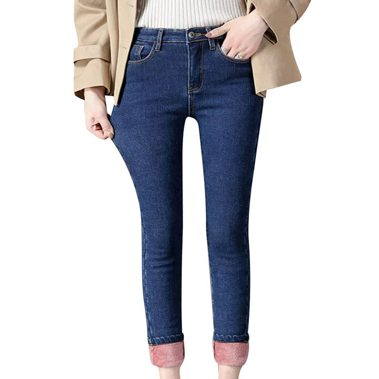 semen Womens High Waisted Fleece Lined Jeans Winter Warm Stretchy
