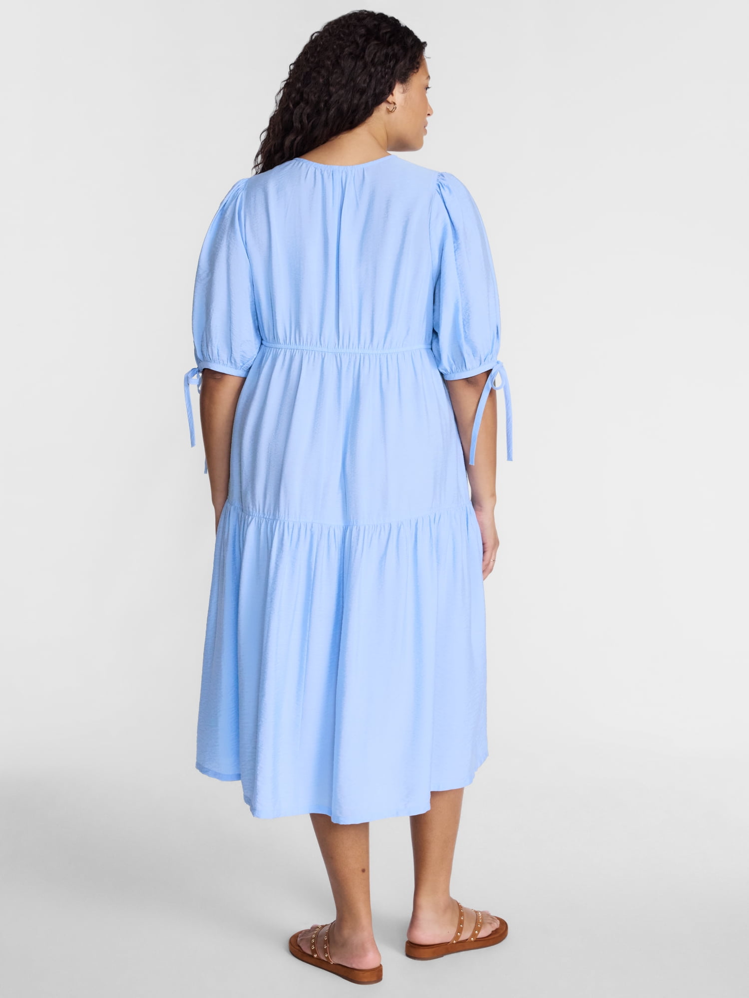 Terra & Sky Women’s Plus Tiered Midi Dress with Short Puff Tie Sleeves, Sizes 0X-5X
