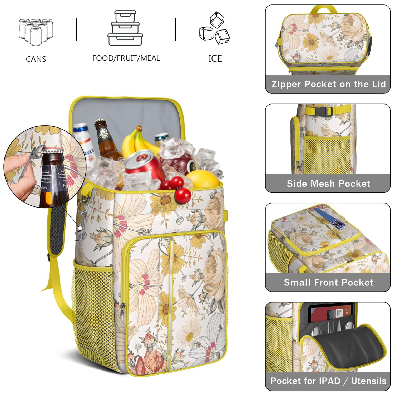 Travel Cooler Bag - Pioneer Flower Floral Print Pattern Camping Beer Cooler Backpack with Bottle Opener- Waterproof Insulated Picnic Backpacks - Cooler Bag for Beach