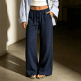 thumbnail image 2 of Morttic Women's Solid Color Drawstring Elastic High Waist Loose Wide Leg Pants with Pockets Beach Vacation Lounge Pants Navy Blue，XXL, 2 of 6