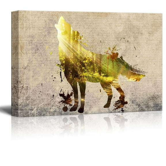 wall26 - Double Exposure Sun Rays Shining Through The Silhouette of a Howling Wolf on a Rustic Background - Canvas Art Home Art - 32x48 inches