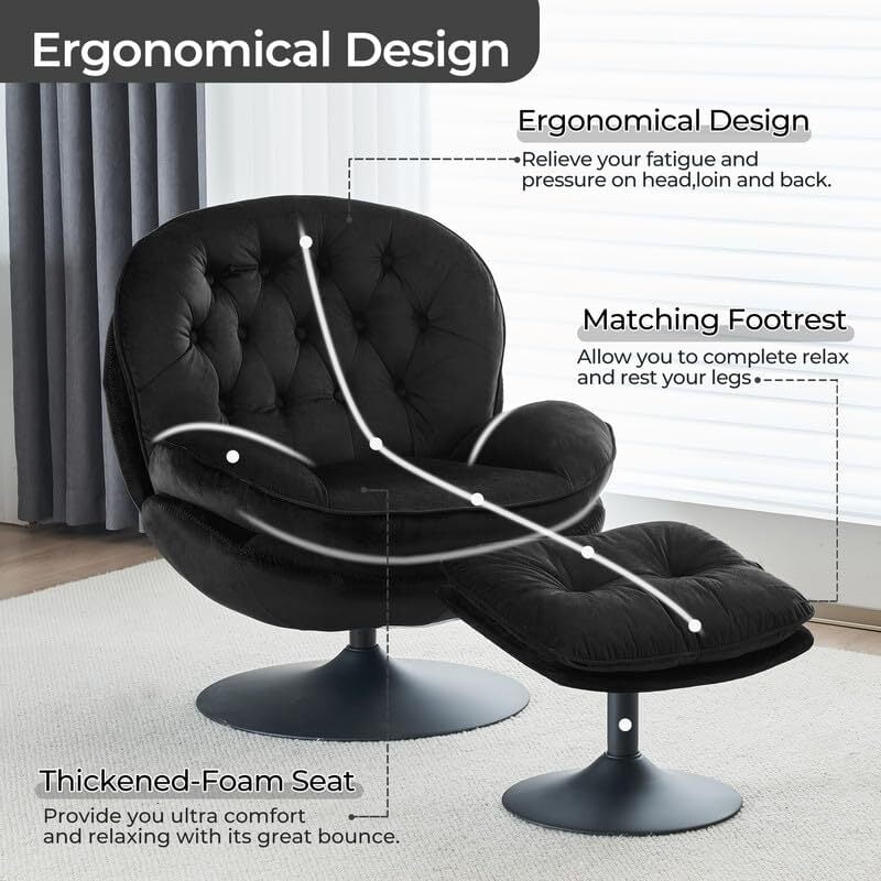 Comfort Stretch Velvet Swivel Accent Chair with Ottoman Round Reading Chair with Foot Stool Set Black