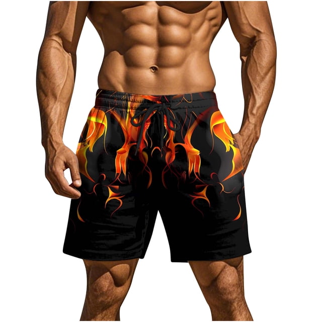 Beach Shorts for Men, Fast-Drying Polyester Swim Trunks with Flame Print, Lightweight Summer Casual Wear, Elastic Waistband, Side Pockets, UPF Protection