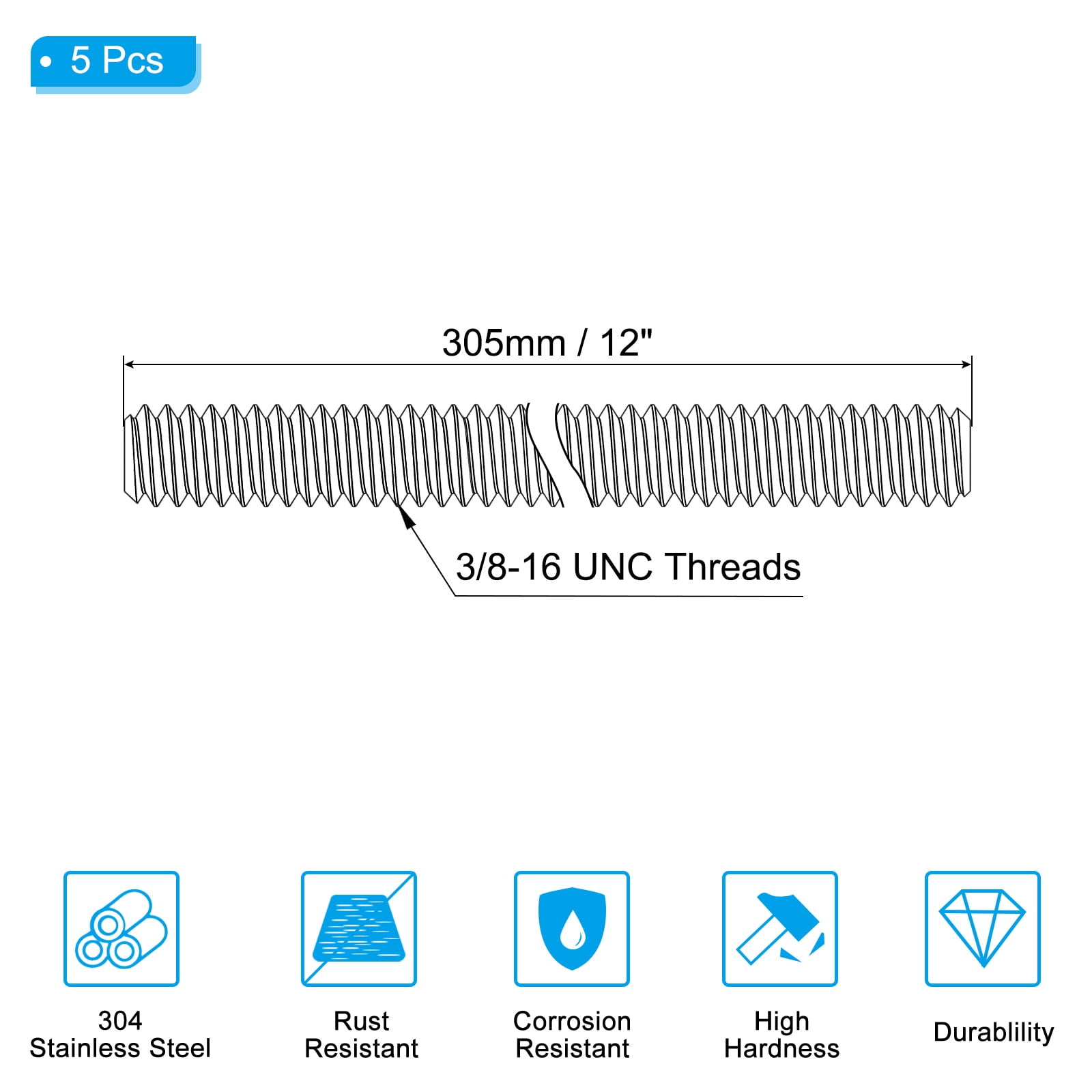 Uxcell 3/8"-16 Fully Threaded Rod, 5Pcs 12" Length 304 Stainless Steel Thread Screw