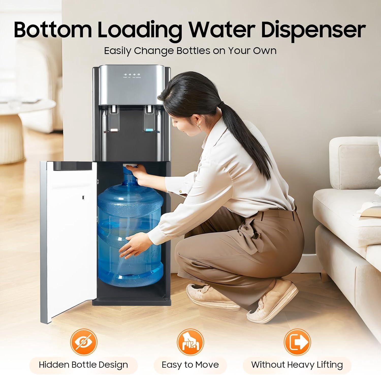 Water Cooler Dispenser, Bottom Loading Water Dispenser for 5 Gallon Bottle with Hot & Room & Cold Water, Stainless Steel Water Dispenser with Anti-Dry Burn Protection