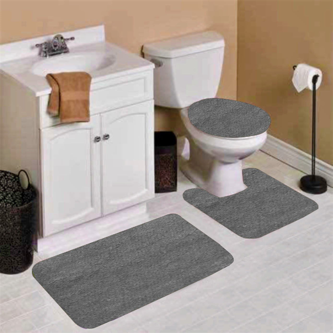 Bathroom Rug Contour Mat Toilet Lid Cover Plain Multi Solid Color Bathmats Set 