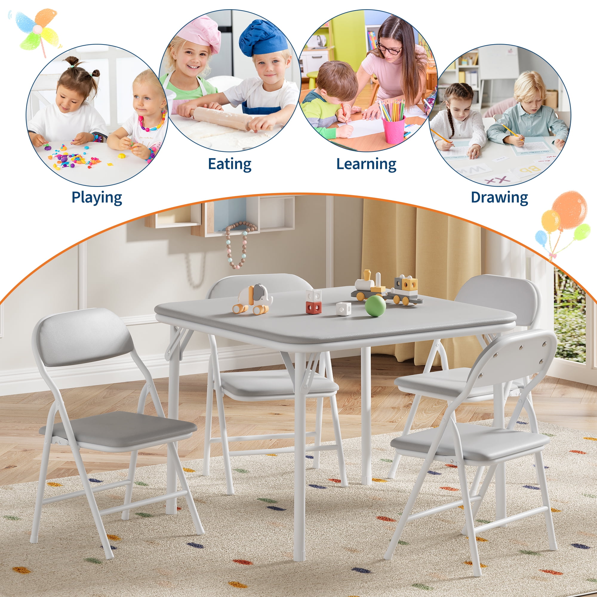 Kids Folding Activity Table and Chairs 5 Piece Set, Portable, with Ultra Soft Padded Cushion, Gray