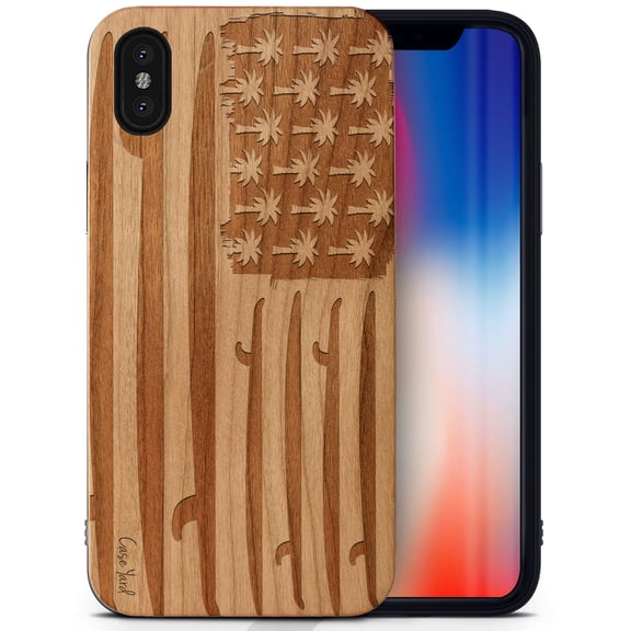 Case Yard Wooden Case Outside Soft TPU Silicone, Slim Fit Shockproof Wood Protective Phone Cover for Girls Boys Men and Women, Supports Wireless Charging Surfing Flag Design case for iPhone-X