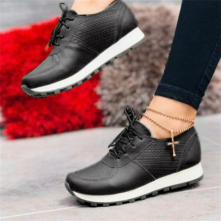 

Casual PU Sneaker Fashion Lightweight Flat Sports Shoes Non-Slip Sole Running Shoes for Women 38 Black