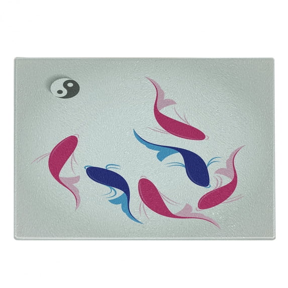 Japanese Cutting Board, Pair of Swimming Squid Fish Yin Yang Aquatic Pisces Marine Theme, Decorative Tempered Glass Cutting and Serving Board, Small Size, Pink Blue, by Ambesonne