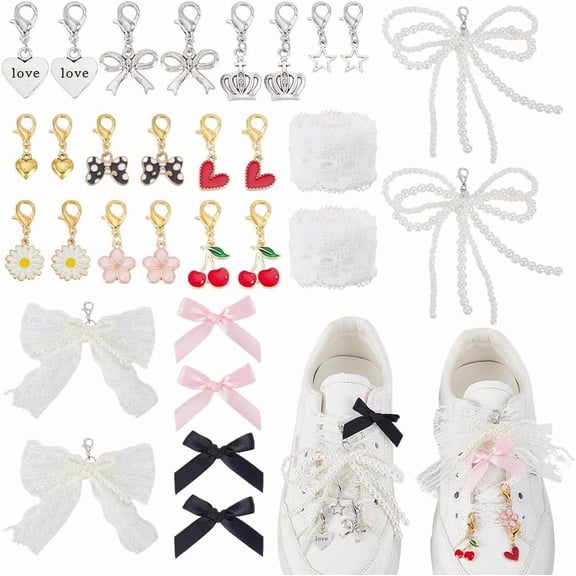 30Pcs Pearl Bowknot Shoe Charms 15 Styles Shoe Charms Sneakers Lace Shoes Charm Pearl Bowknot Shoes Decoration with Clasp for DIY handcrafting