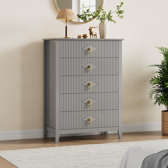 Fluted Dresser for Bedroom, 42.9" Tall 5-Drawer Wood Dresser, Modern Chest of Drawers, Storage Organizer Cabinet for Living Room, Hallway, Entryway, Grey