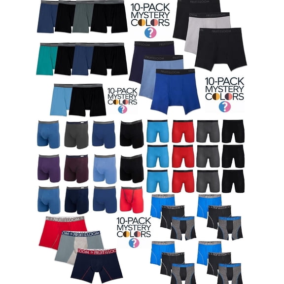 Mens 10-Pack Assorted Boxer Briefs by Fruit of the Loom Comfortable Mystery Pack Colors Materials Vary Small