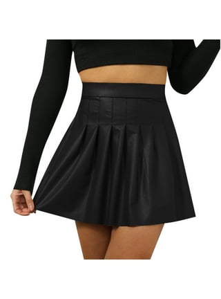 Women's Solid Faux Leather Flared Pleated Stretch Mini Skater Skirt